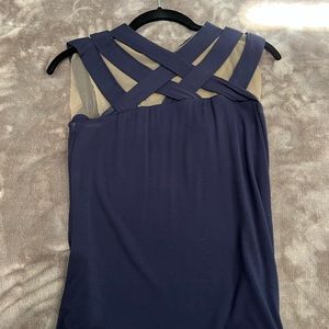 Navy, cut out with sheer underlay, blue Bailey/44 shirt. Size small